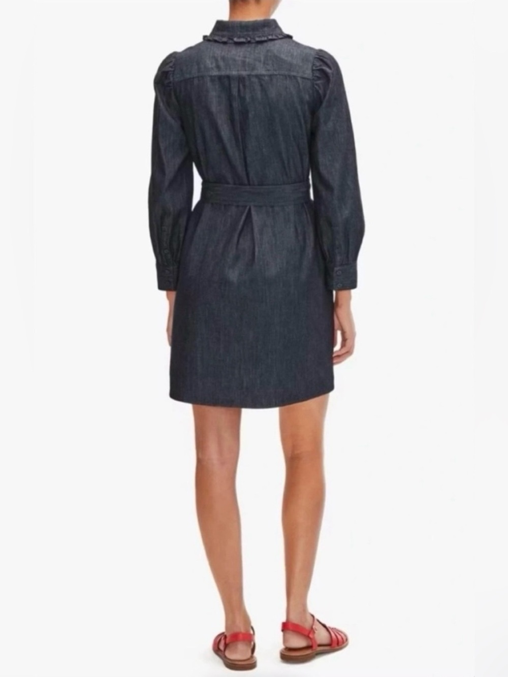 Kate Spade Dark Blue Wash Ruffle Denim Mini Shirtdress with Tie Waist - Picture 2 of 13